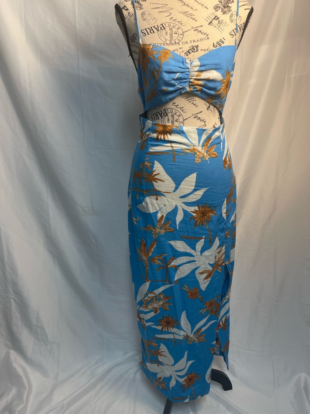 Zara Blue, White & Gold Tropical Print Dress Cut Out Waist Resort